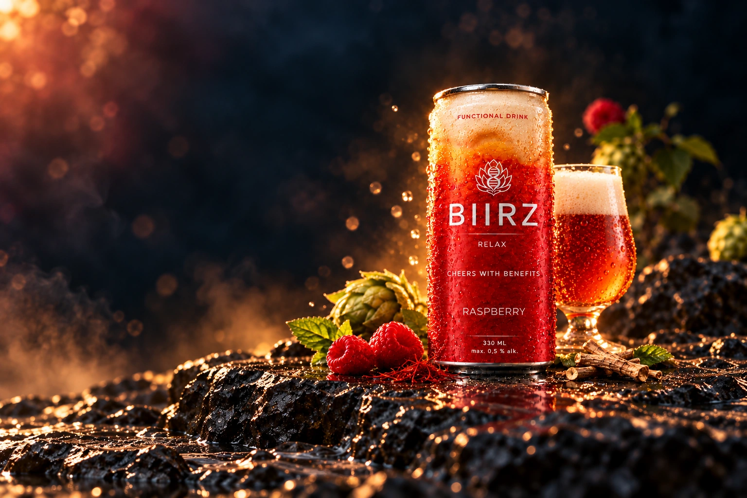 Detail orosené plechovky BIIRZ Relax Raspberry s menší sklenicí piva v pozadí, obklopené malinami, chmelem, meduňkou, šafránem, ječmenem a ashwagandhou.